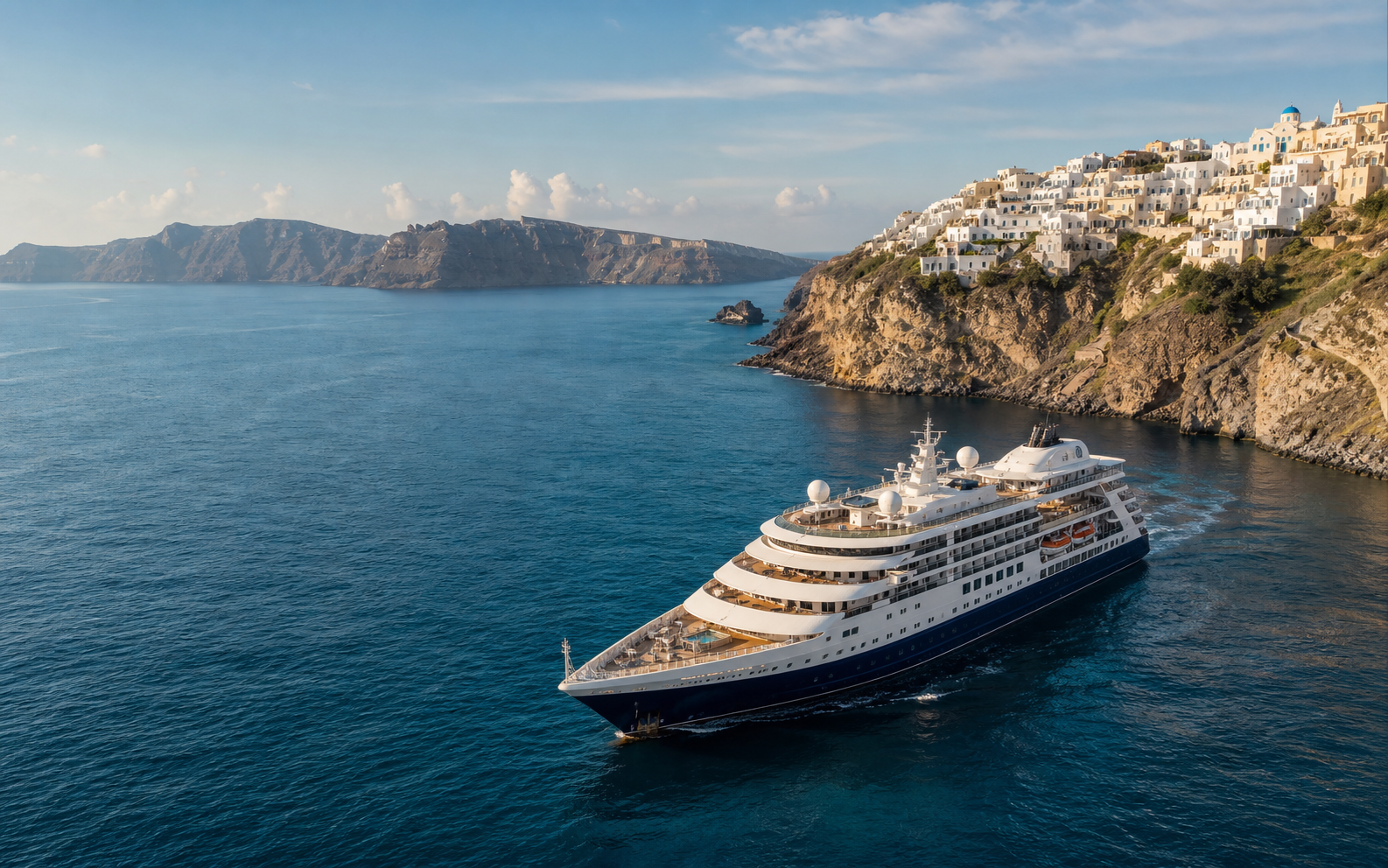 Cruise ship sailing below the cliffs of Santorini